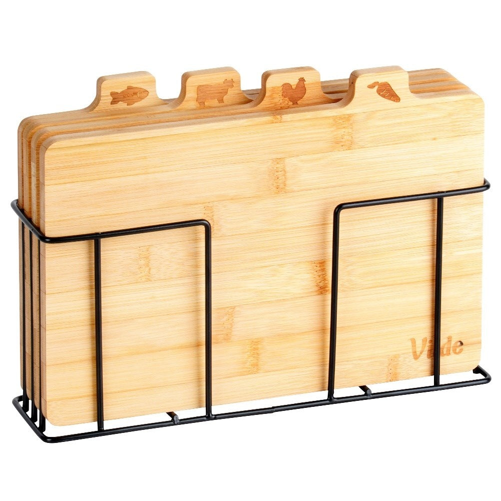 Set of bamboo cutting boards in a metal stand with a unique design