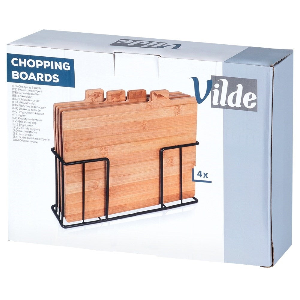 Set of bamboo cutting boards in a metal stand with a unique design