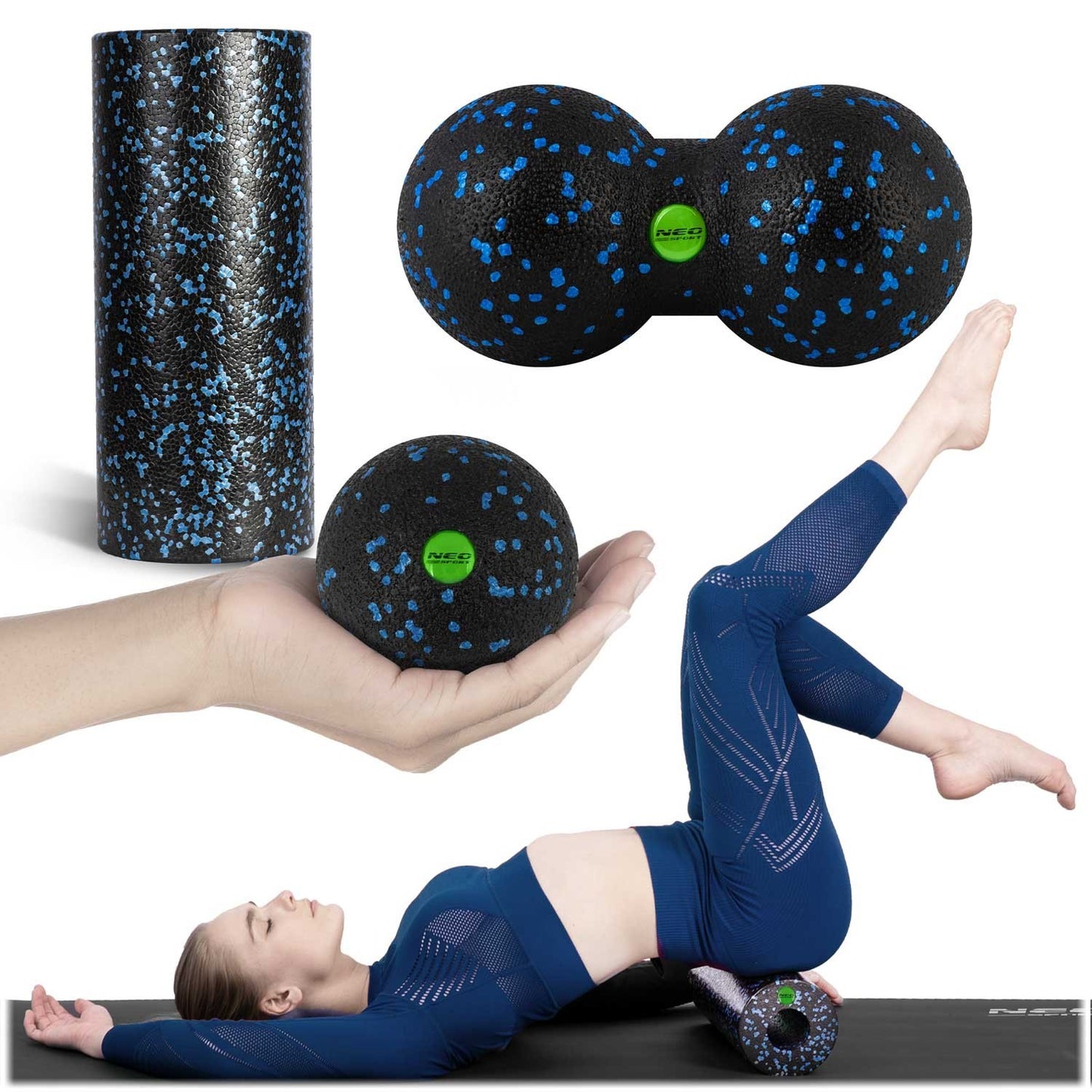 Set of exercise roller + ball + double massage ball NS-998 black and blue