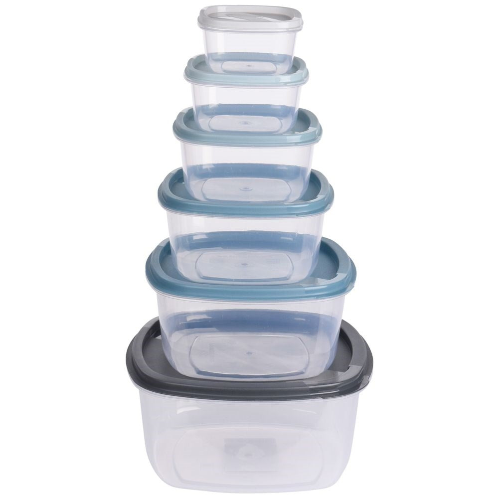 Set of five multifunctional containers with lids for storage.