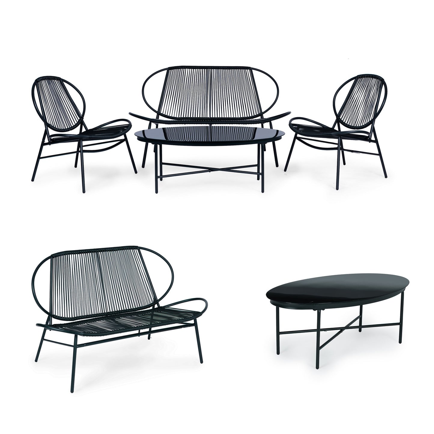 Set of garden furniture made of rattan, metal chairs, bench and black table