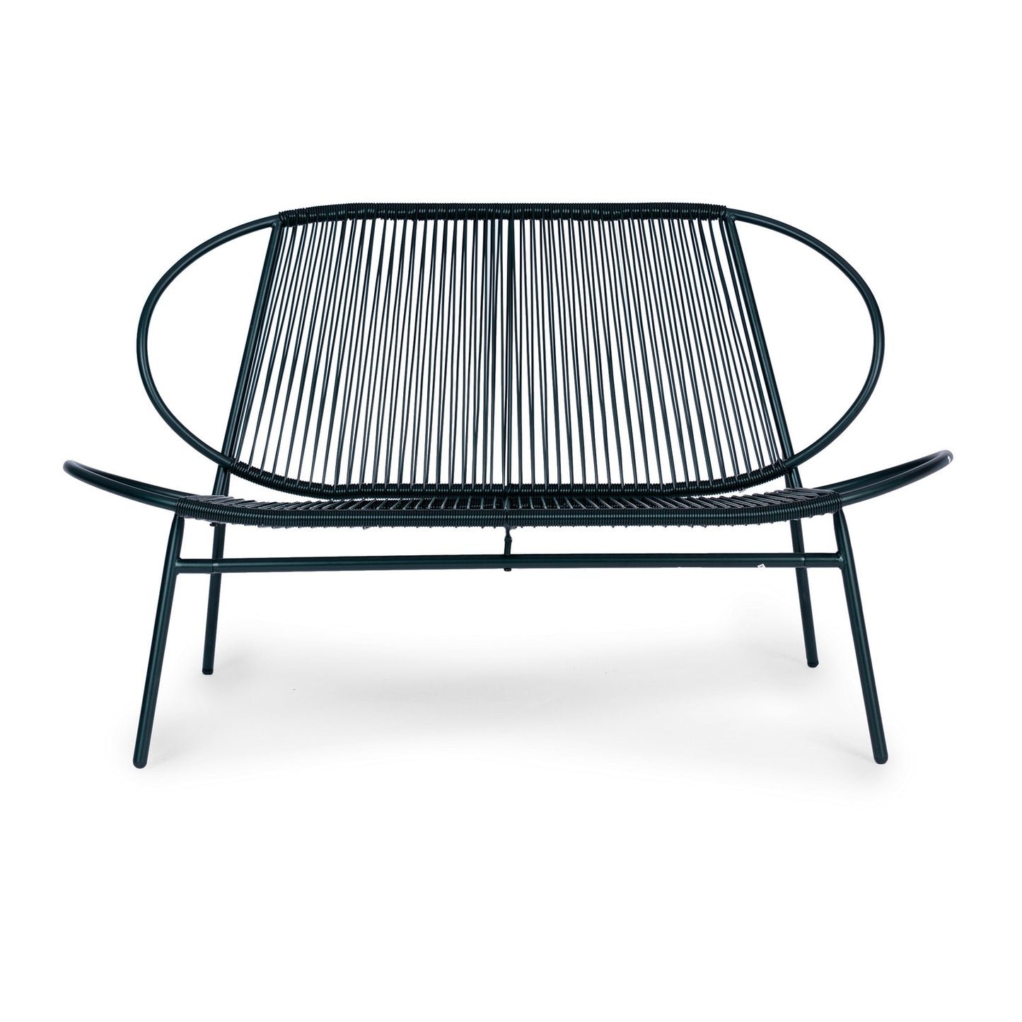 Set of garden furniture made of rattan, metal chairs, bench and black table