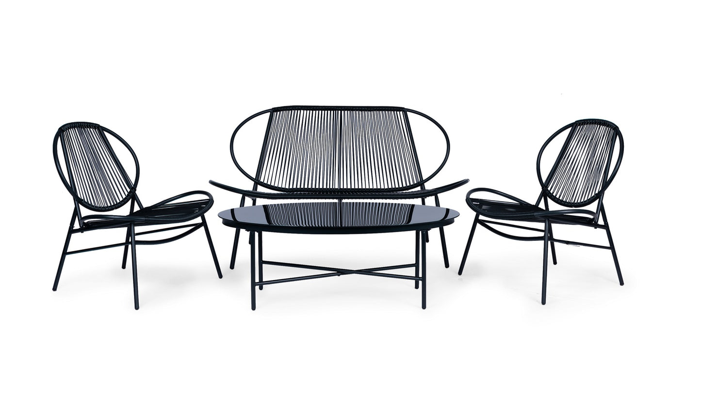 Set of garden furniture made of rattan, metal chairs, bench and black table