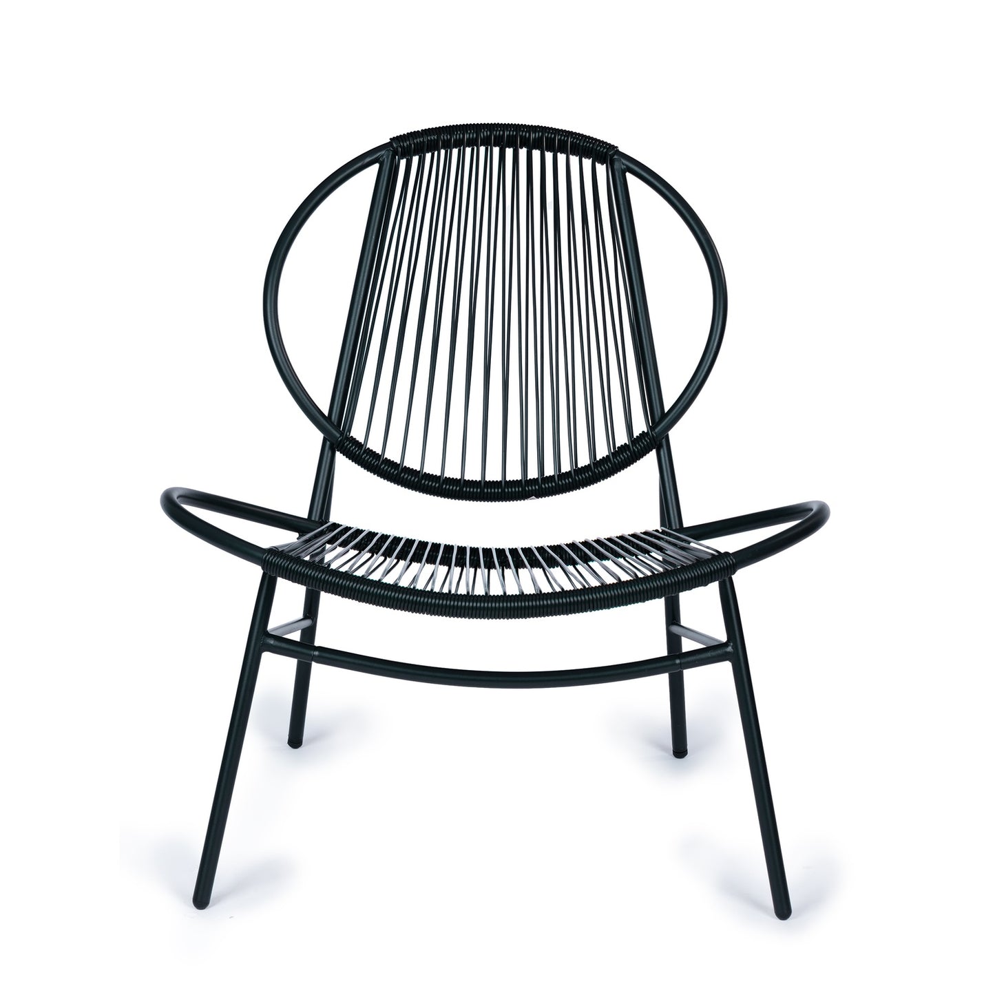 Set of garden furniture made of rattan, metal chairs, bench and black table