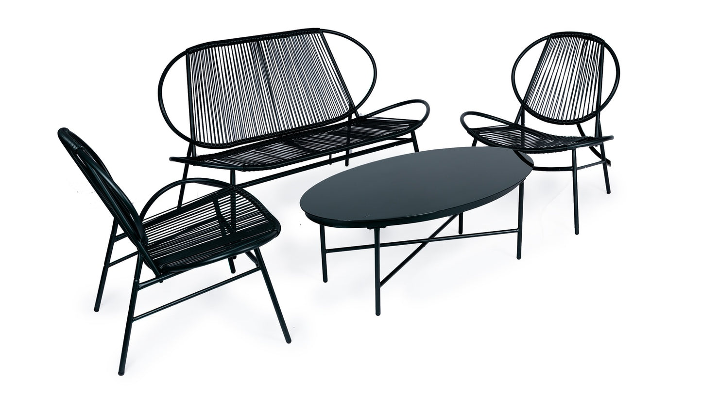 Set of garden furniture made of rattan, metal chairs, bench and black table