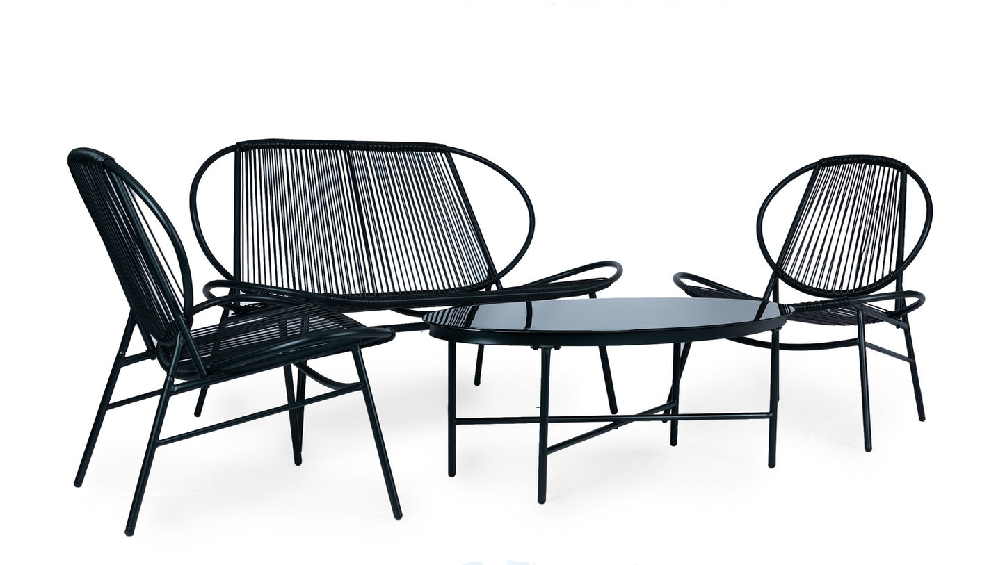 Set of garden furniture made of rattan, metal chairs, bench and black table