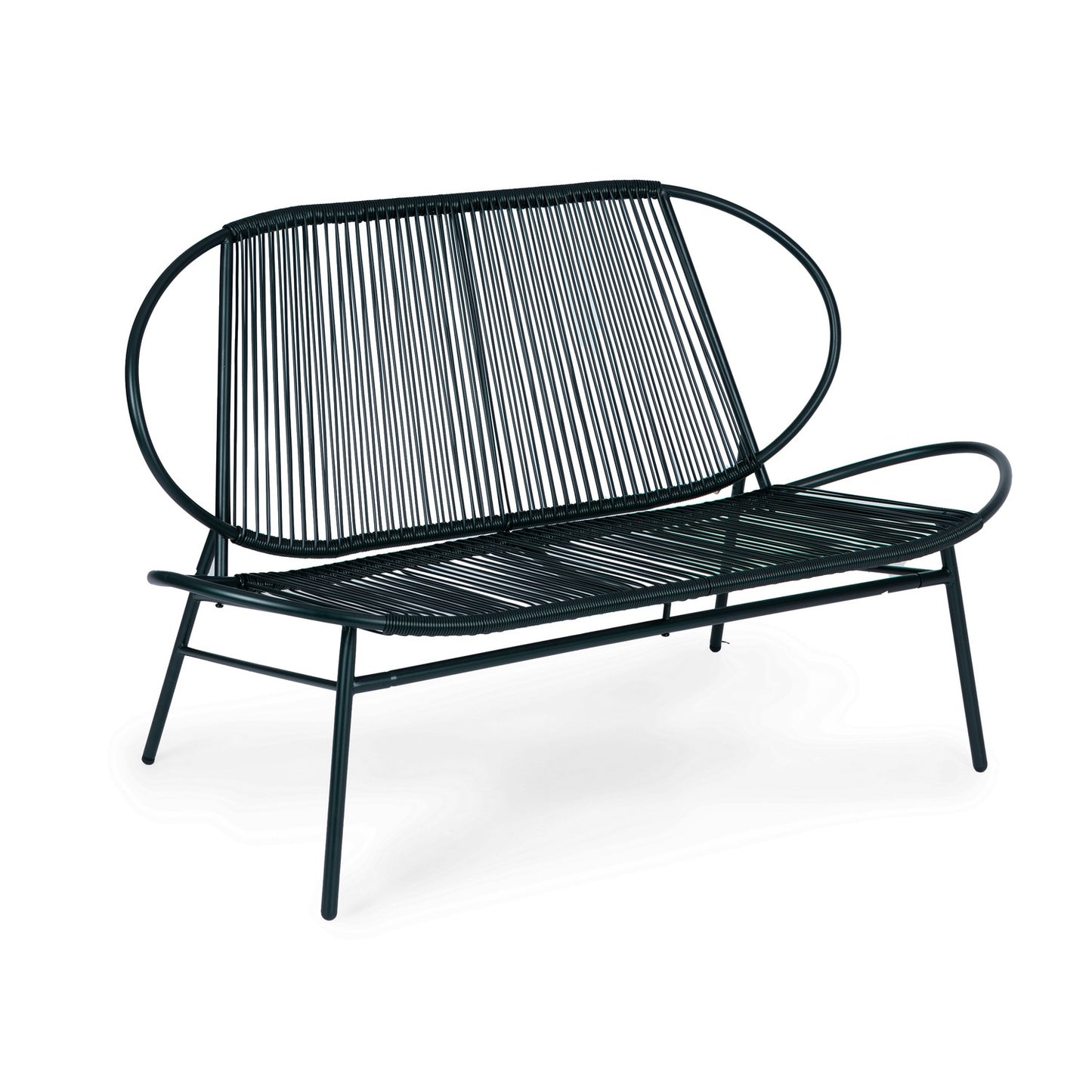 Set of garden furniture made of rattan, metal chairs, bench and black table