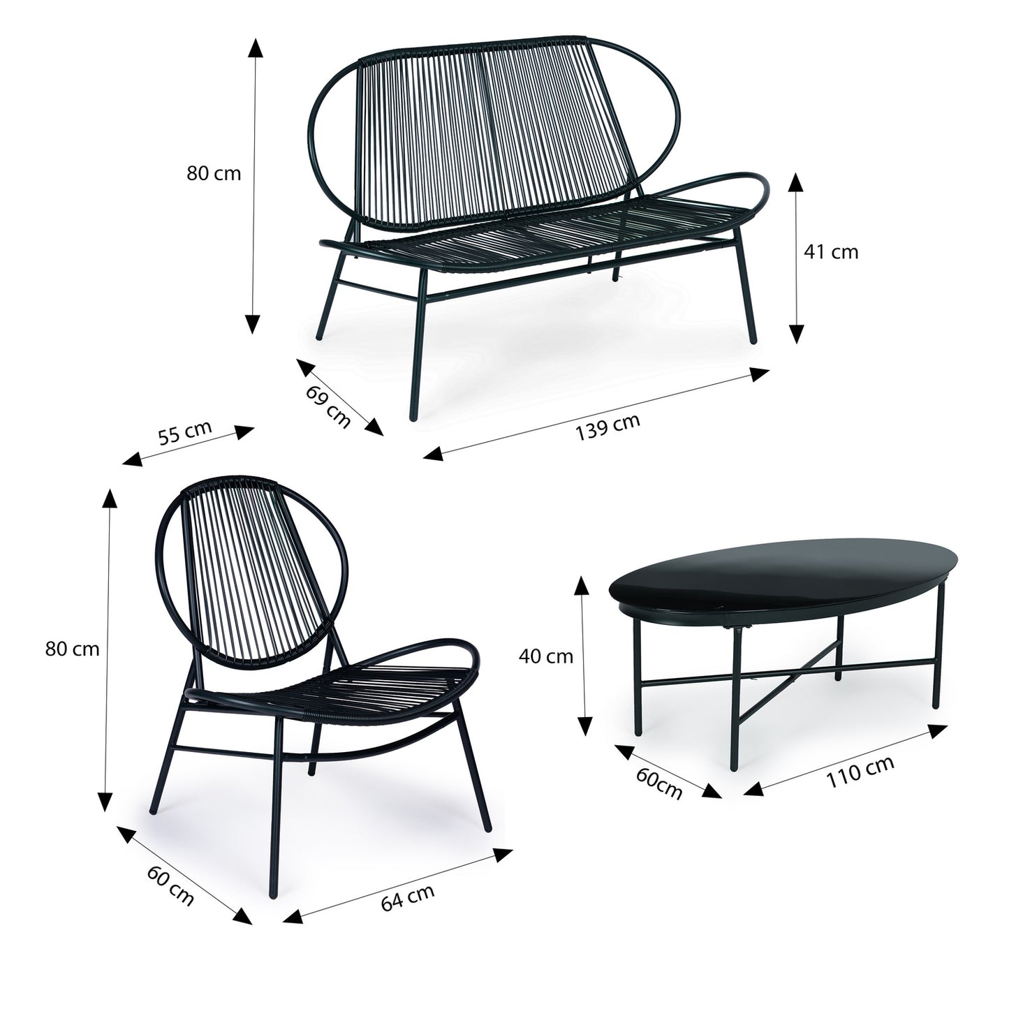 Set of garden furniture made of rattan, metal chairs, bench and black table
