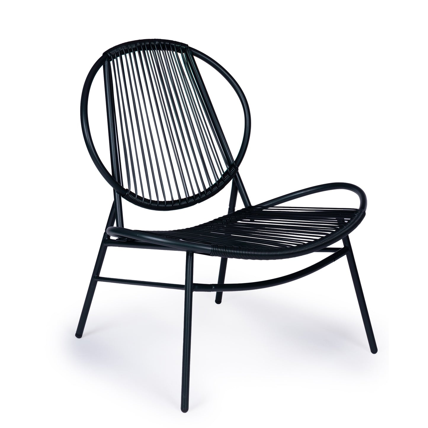 Set of garden furniture made of rattan, metal chairs, bench and black table
