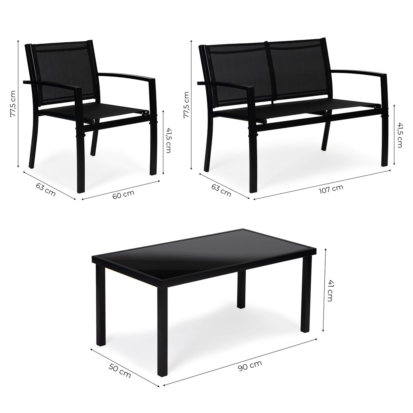 Set of garden furniture: table, bench, armchairs, metal