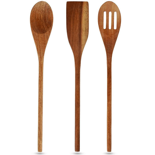Set of kitchen utensils in acacia wood: all-round spoon, slotted spoon, universal spoon