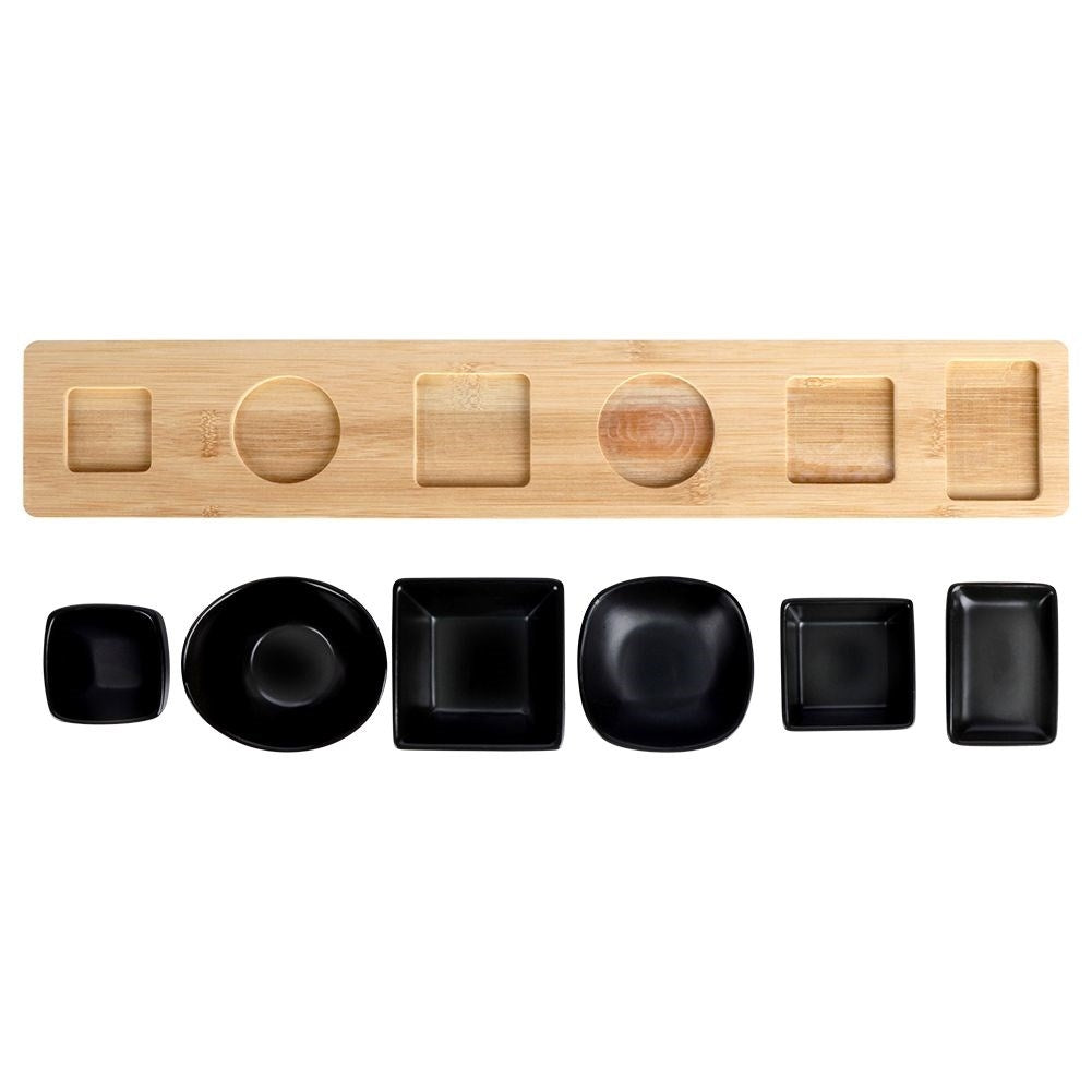 Set of six bowls on a bamboo tray for snacks and dips