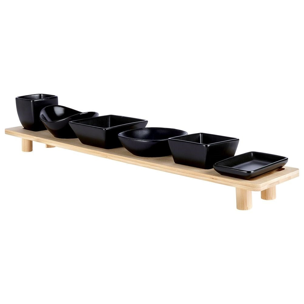 Set of six bowls on a bamboo tray for snacks and dips