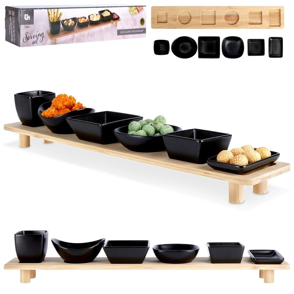 Set of six bowls on a bamboo tray for snacks and dips