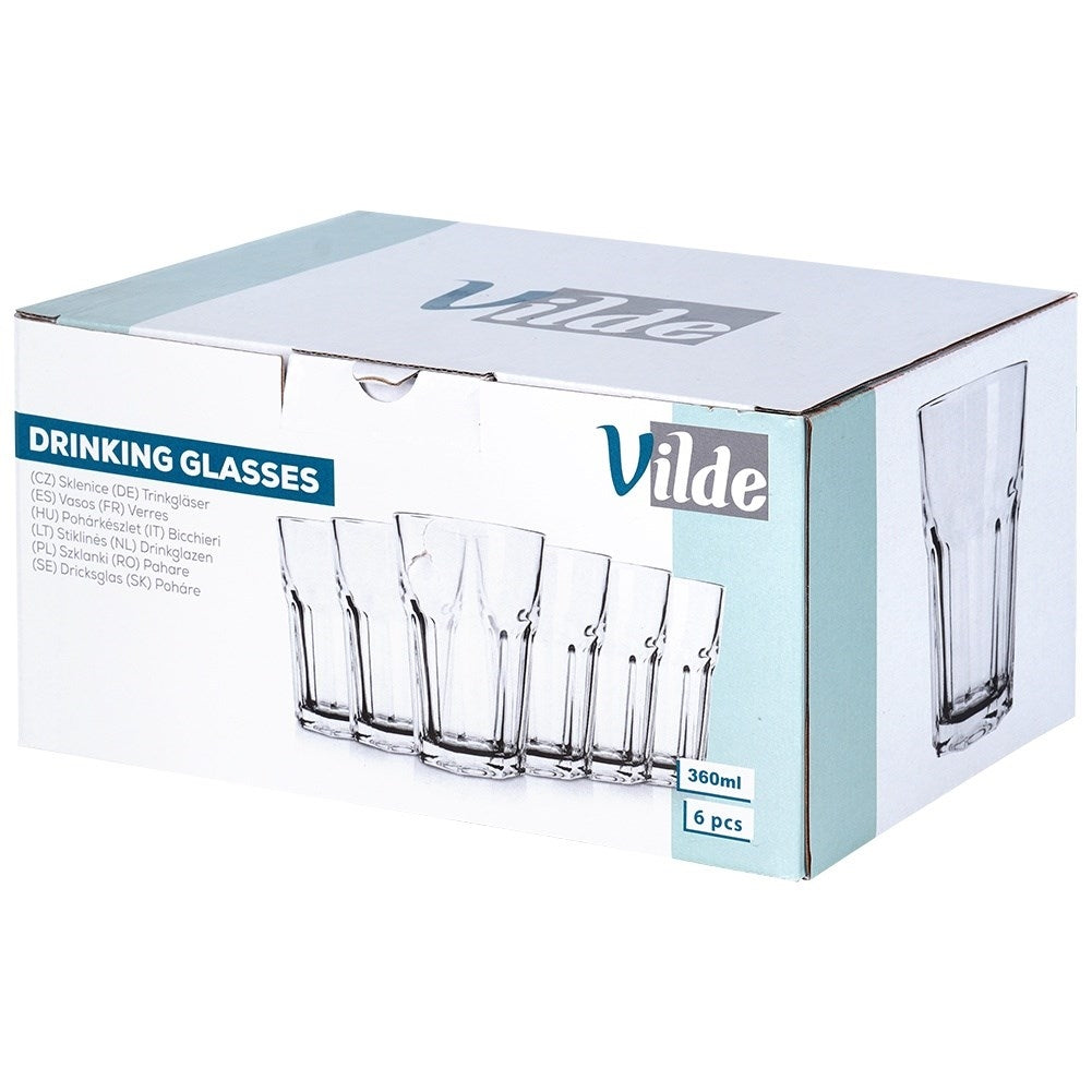 Set of six glasses, 360 ml - thick clear glass, for all drinks