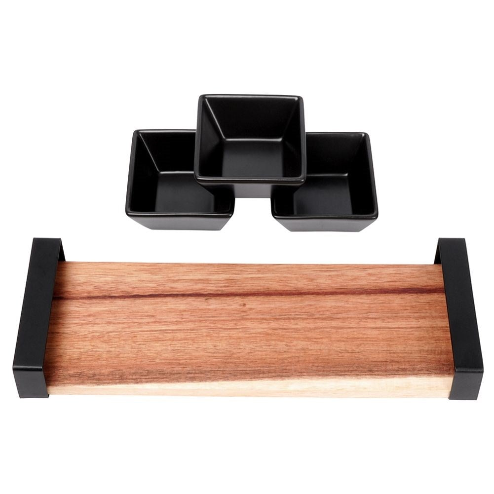 Set of three bowls on acacia tray for snacks and sauces