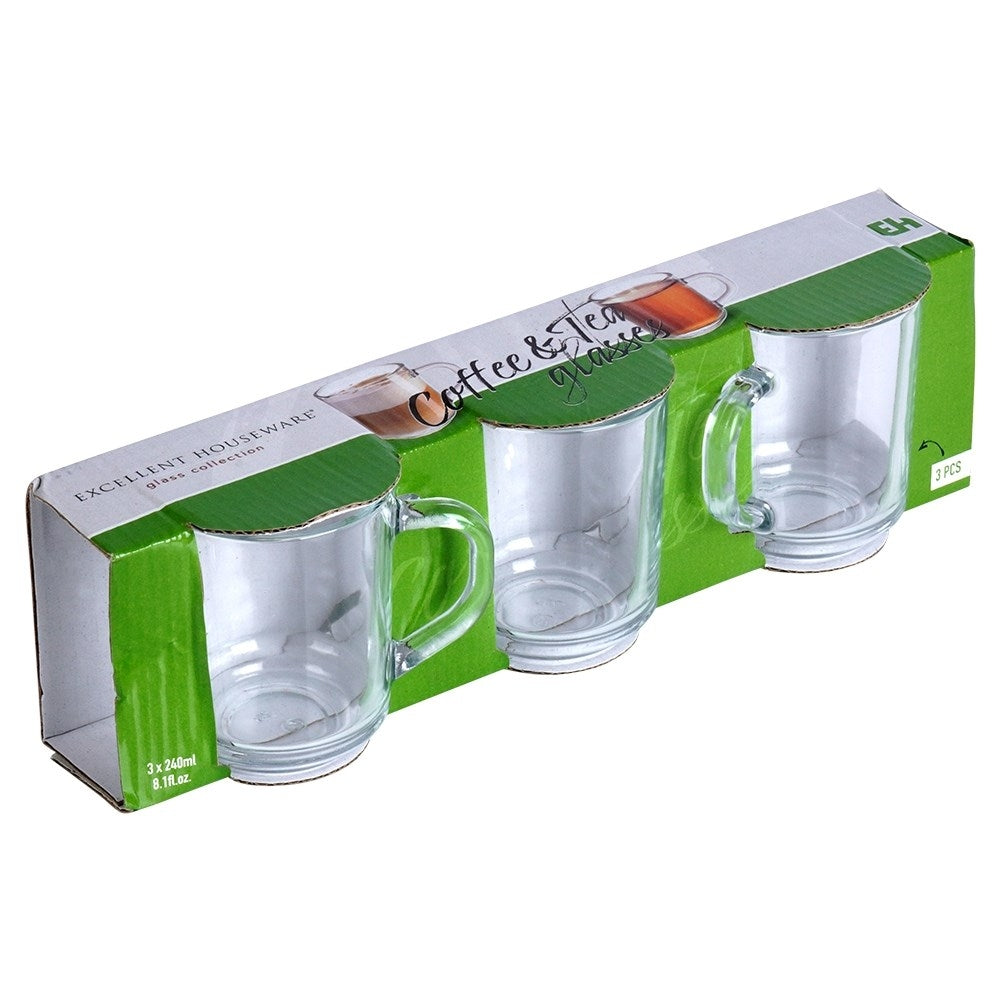 Set of three glasses with handles - Thick glass, microwave safe