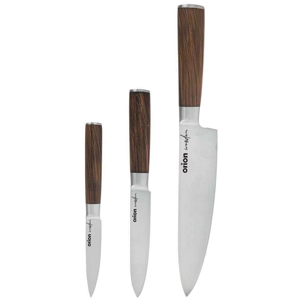 Set of three kitchen knives: chef's knife, universal knives, stainless steel