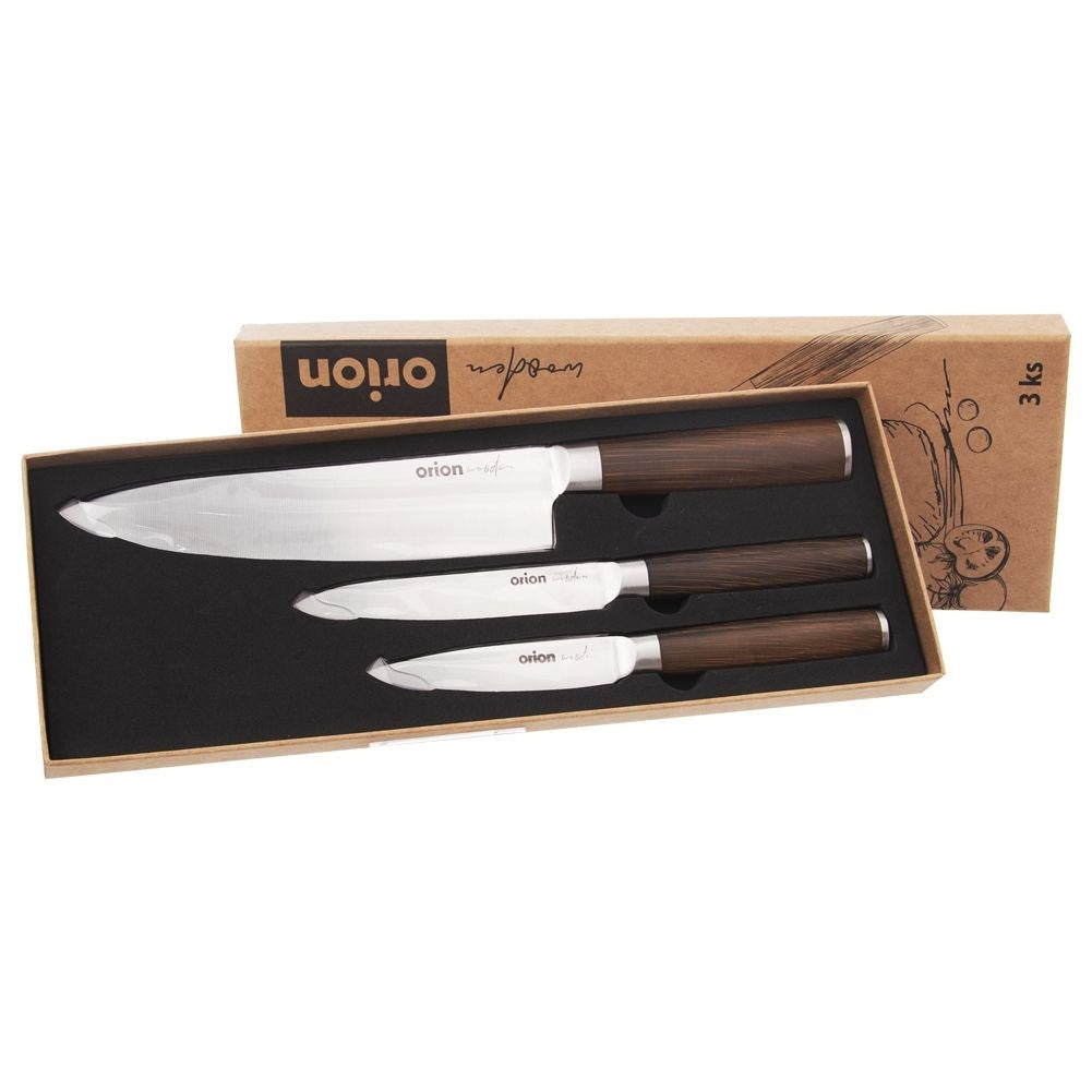 Set of three kitchen knives: chef's knife, universal knives, stainless steel