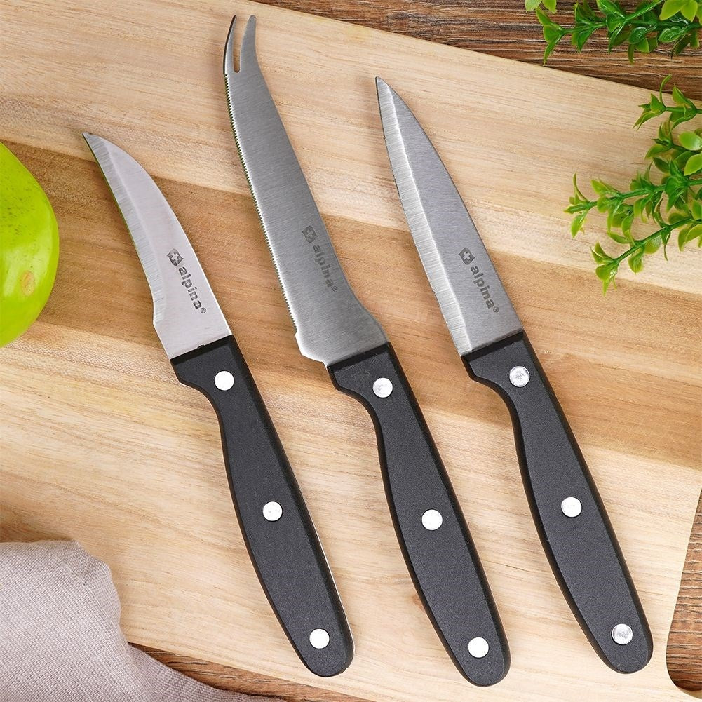 Set of three kitchen knives: peeler, cheese knife, all-round knife