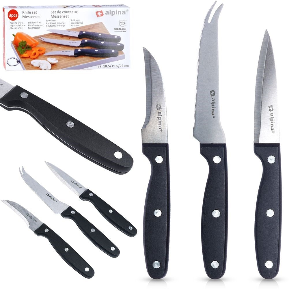 Set of three kitchen knives: peeler, cheese knife, all-round knife