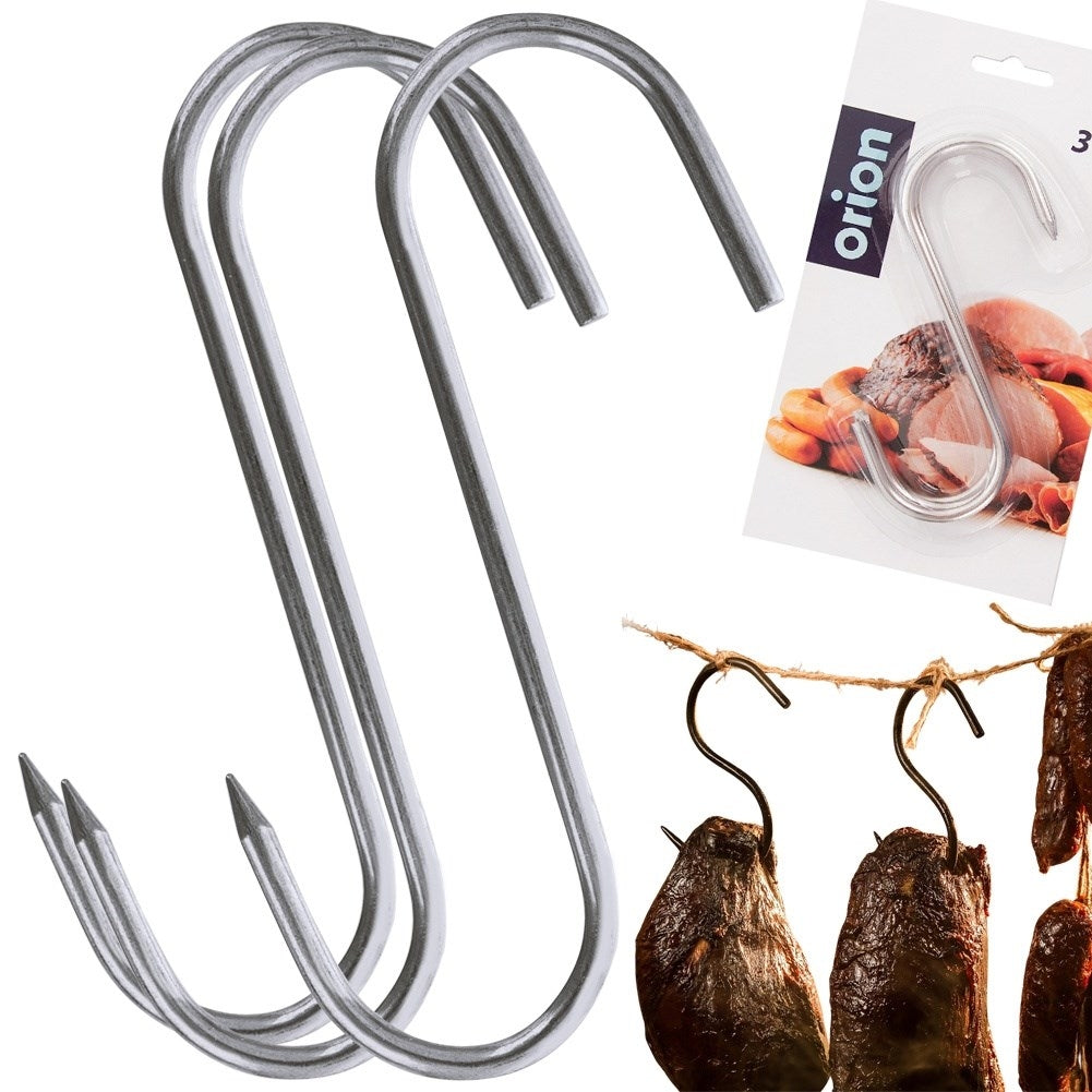 Set of three stainless steel smoking hooks for meat, sausages & fish
