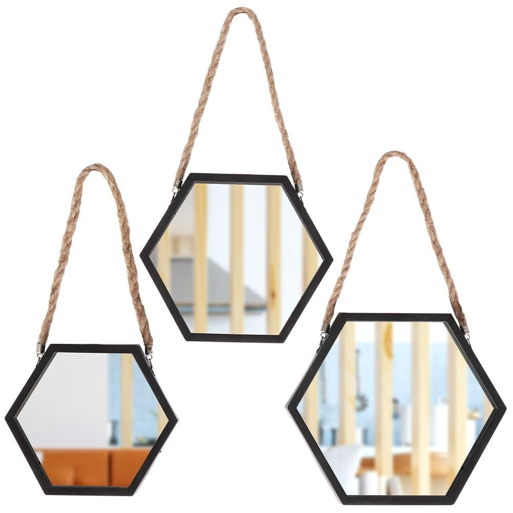 Set of three stylish hexagon mirrors with black frame