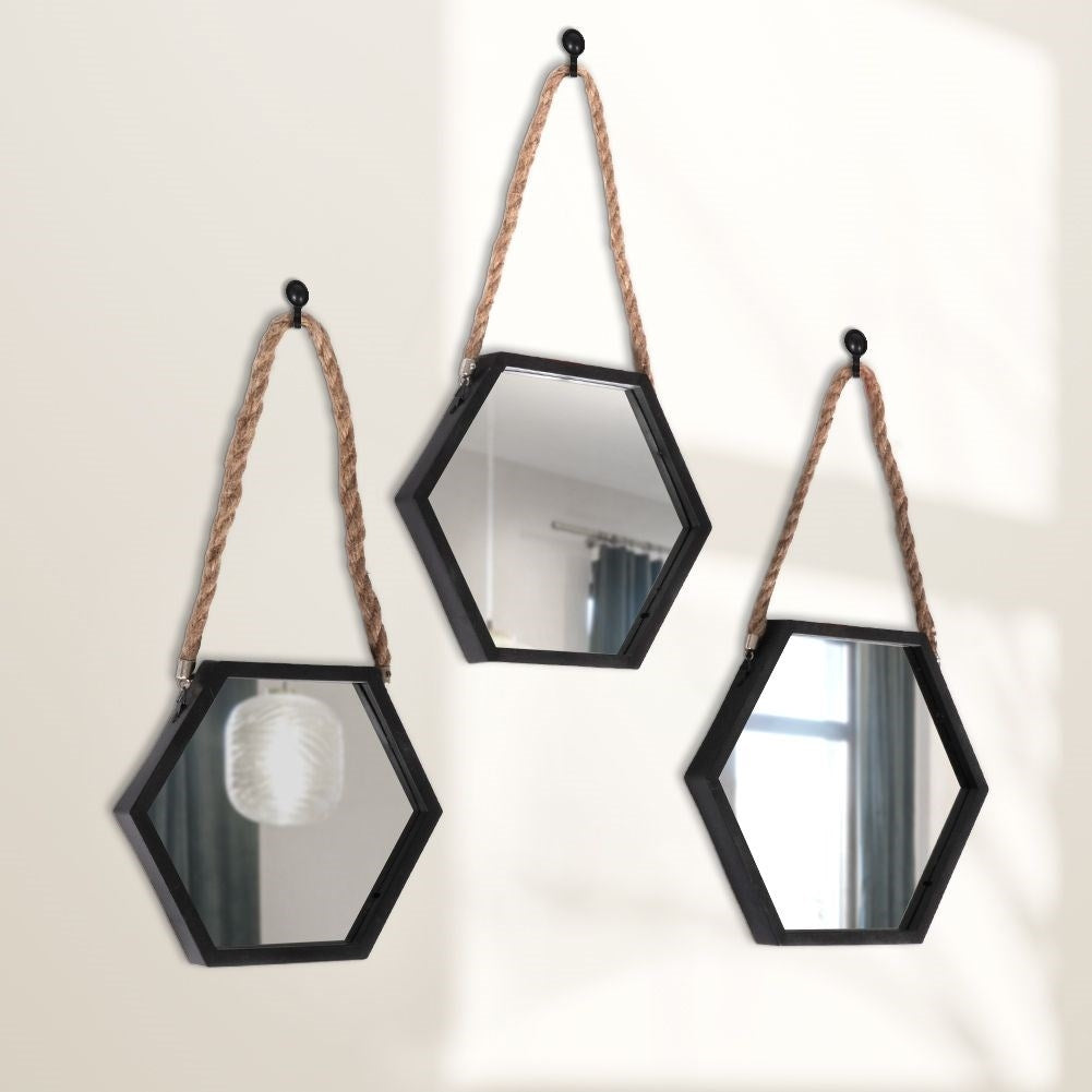 Set of three stylish hexagon mirrors with black frame