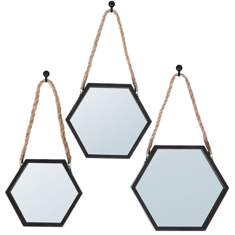 Set of three stylish hexagon mirrors with black frame