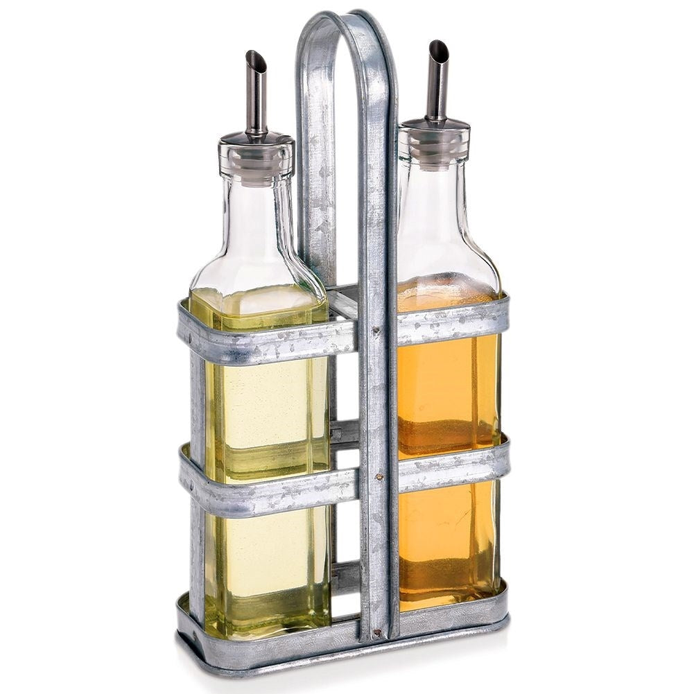 Set of two glass bottles with dispenser and stand in stainless steel
