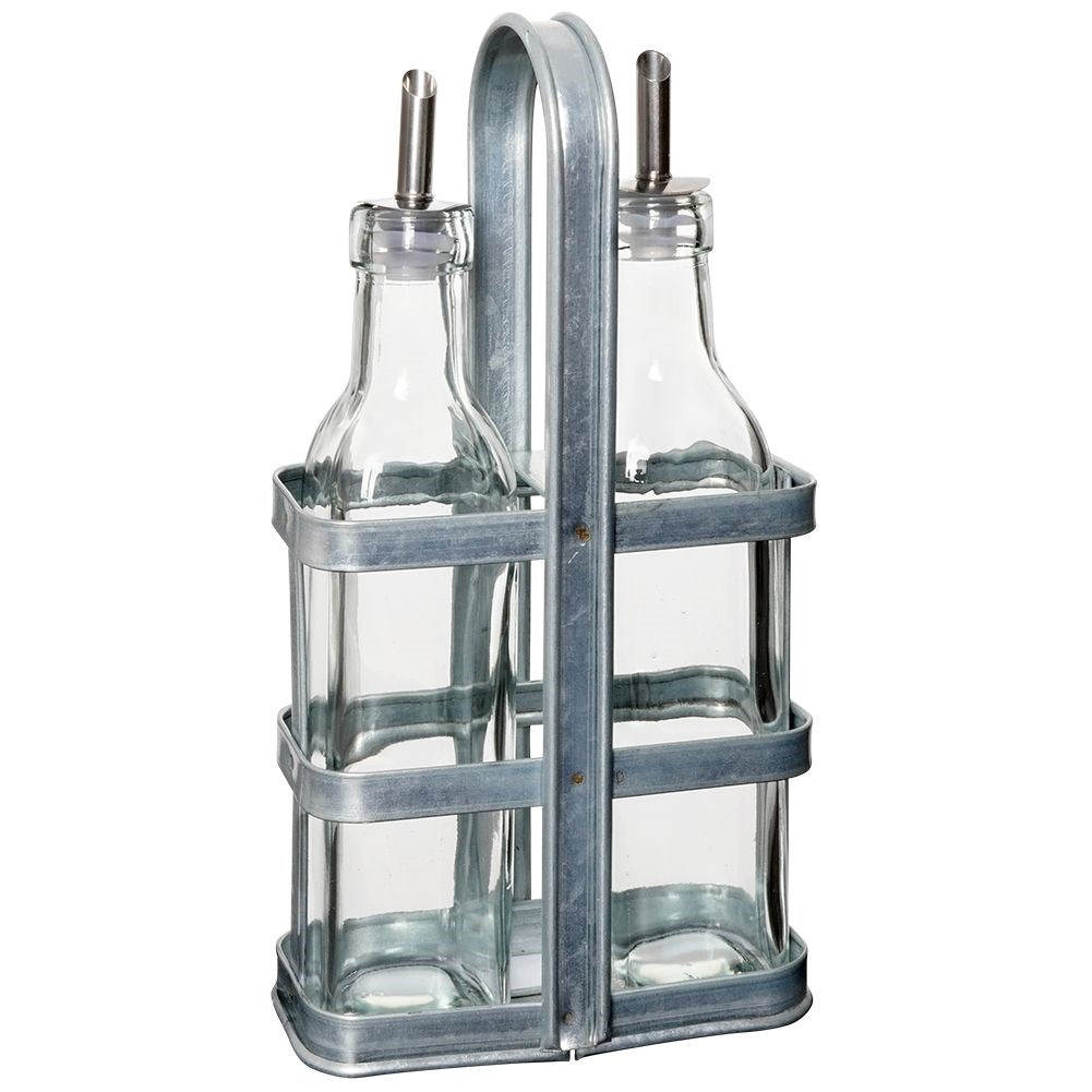 Set of two glass bottles with dispenser and stand in stainless steel