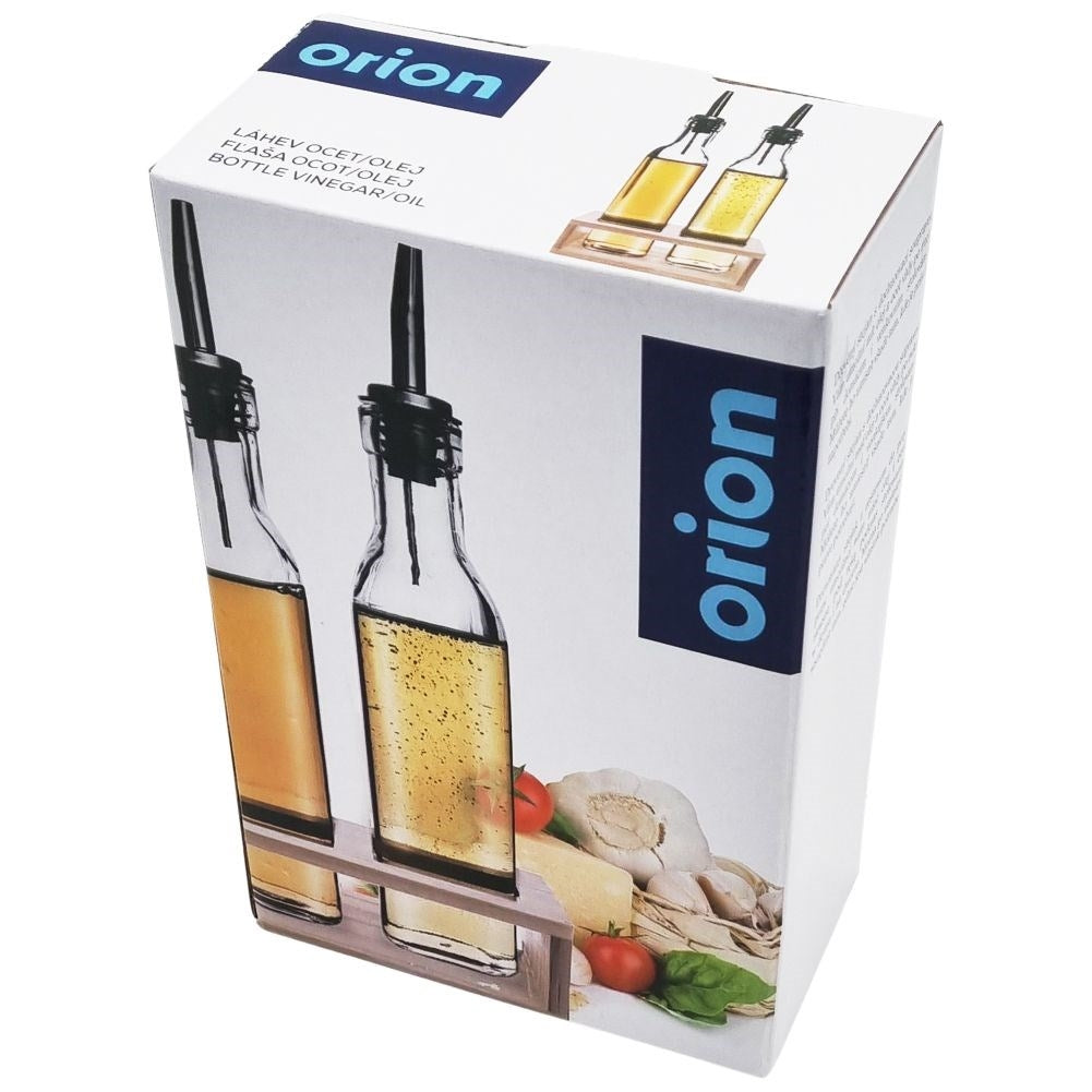 Set of two glass bottles with dispenser in wooden stand