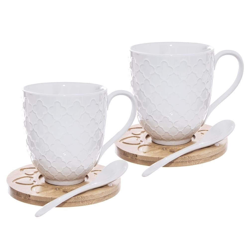Set with Porcelain Mugs, Spoon and Bamboo Coasters in Gift Box