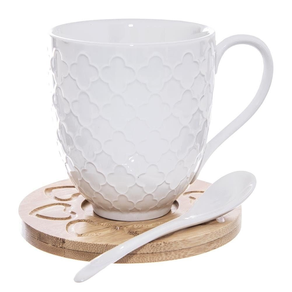 Set with Porcelain Mugs, Spoon and Bamboo Coasters in Gift Box