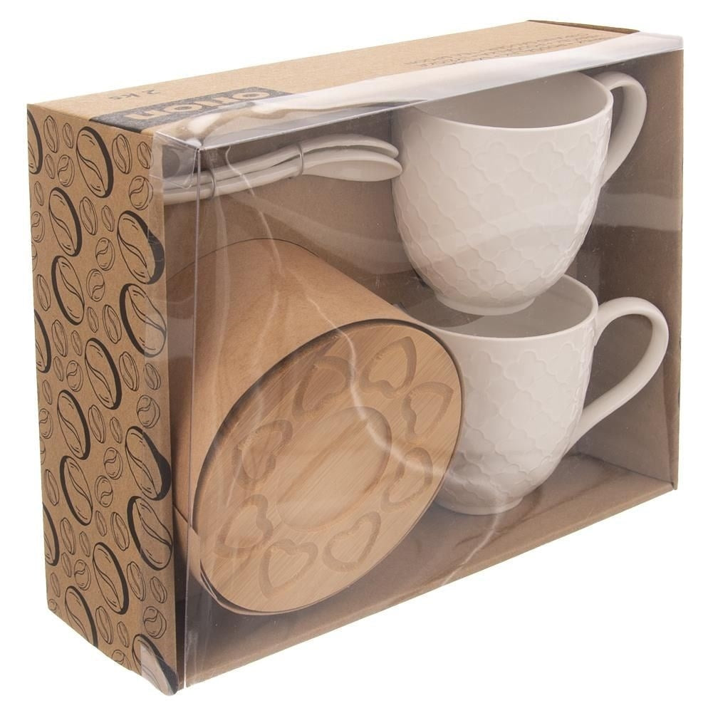 Set with Porcelain Mugs, Spoon and Bamboo Coasters in Gift Box