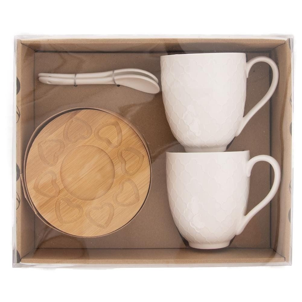 Set with Porcelain Mugs, Spoon and Bamboo Coasters in Gift Box