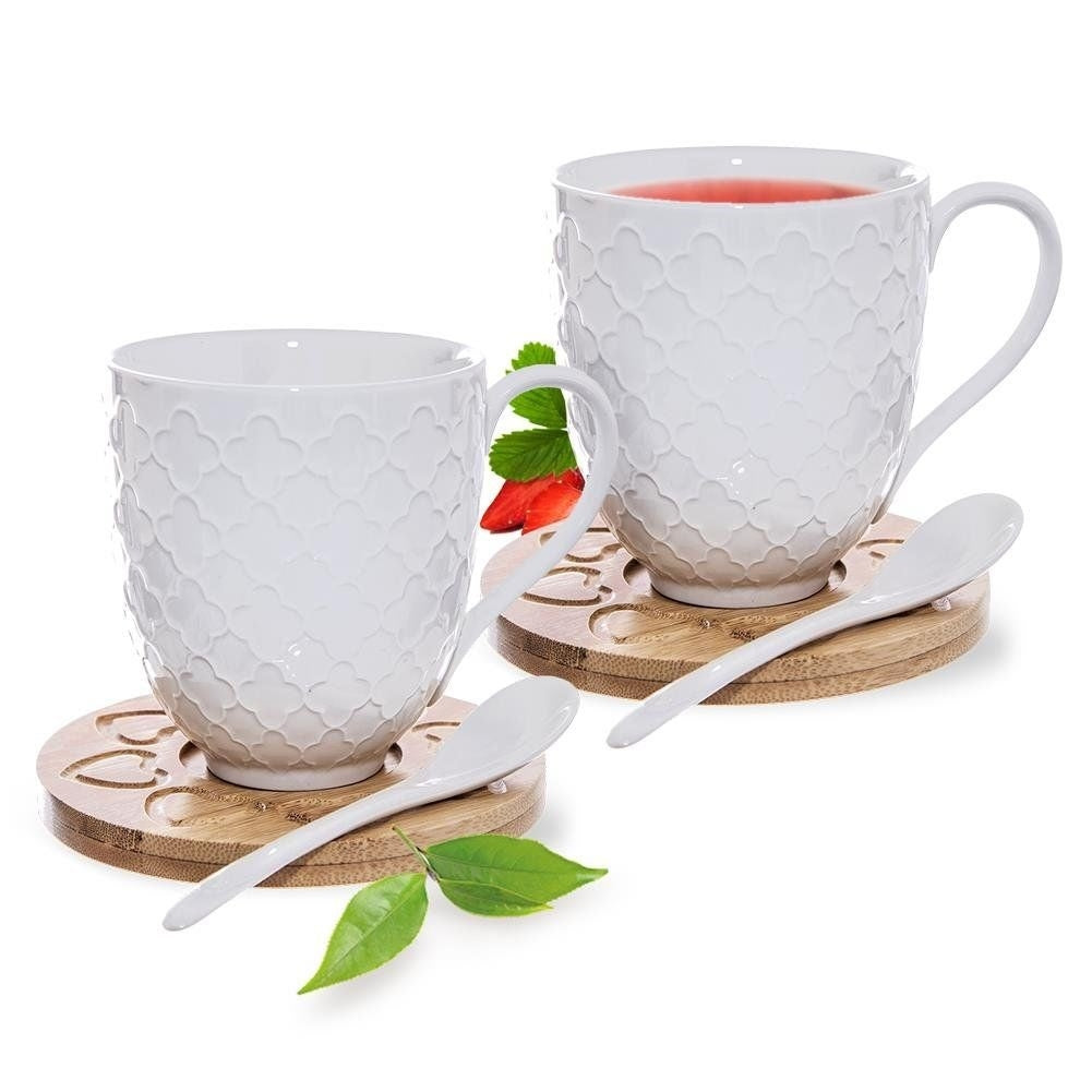 Set with Porcelain Mugs, Spoon and Bamboo Coasters in Gift Box