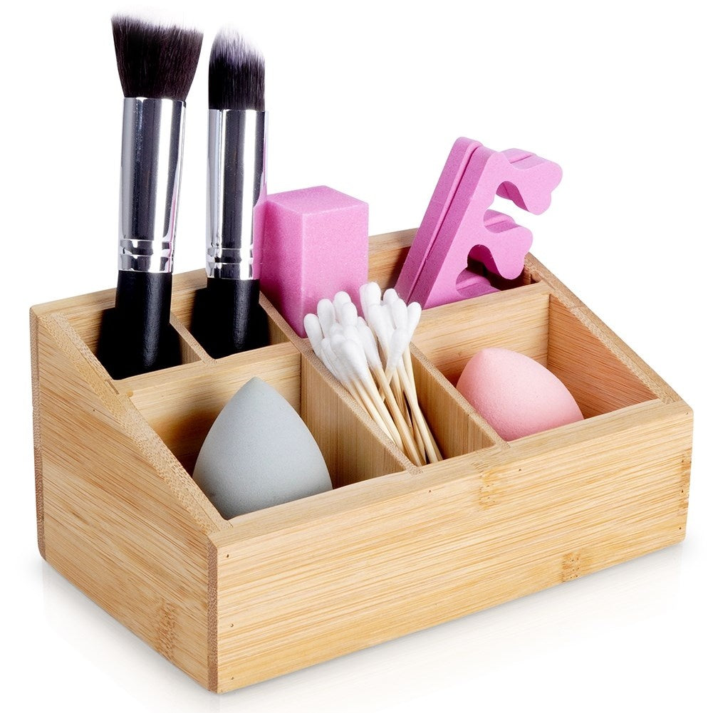 Seven-compartment makeup organizer in stylish bamboo