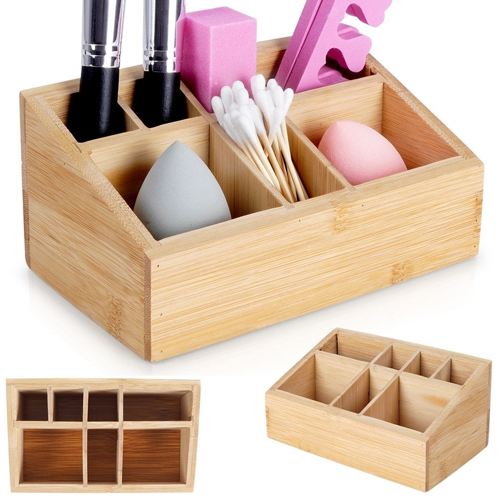 Seven-compartment makeup organizer in stylish bamboo