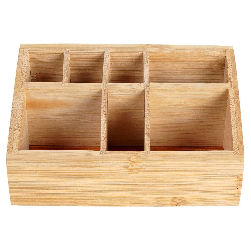 Seven-compartment makeup organizer in stylish bamboo