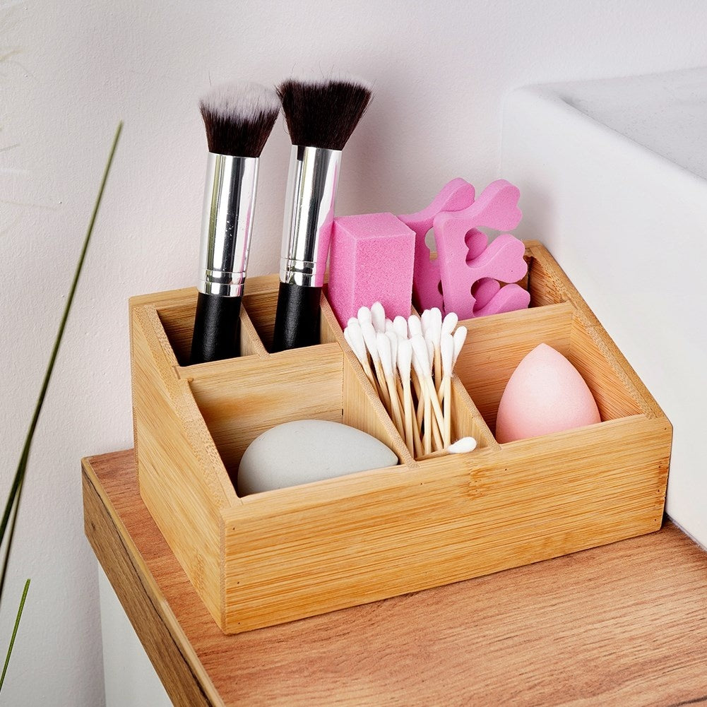 Seven-compartment makeup organizer in stylish bamboo
