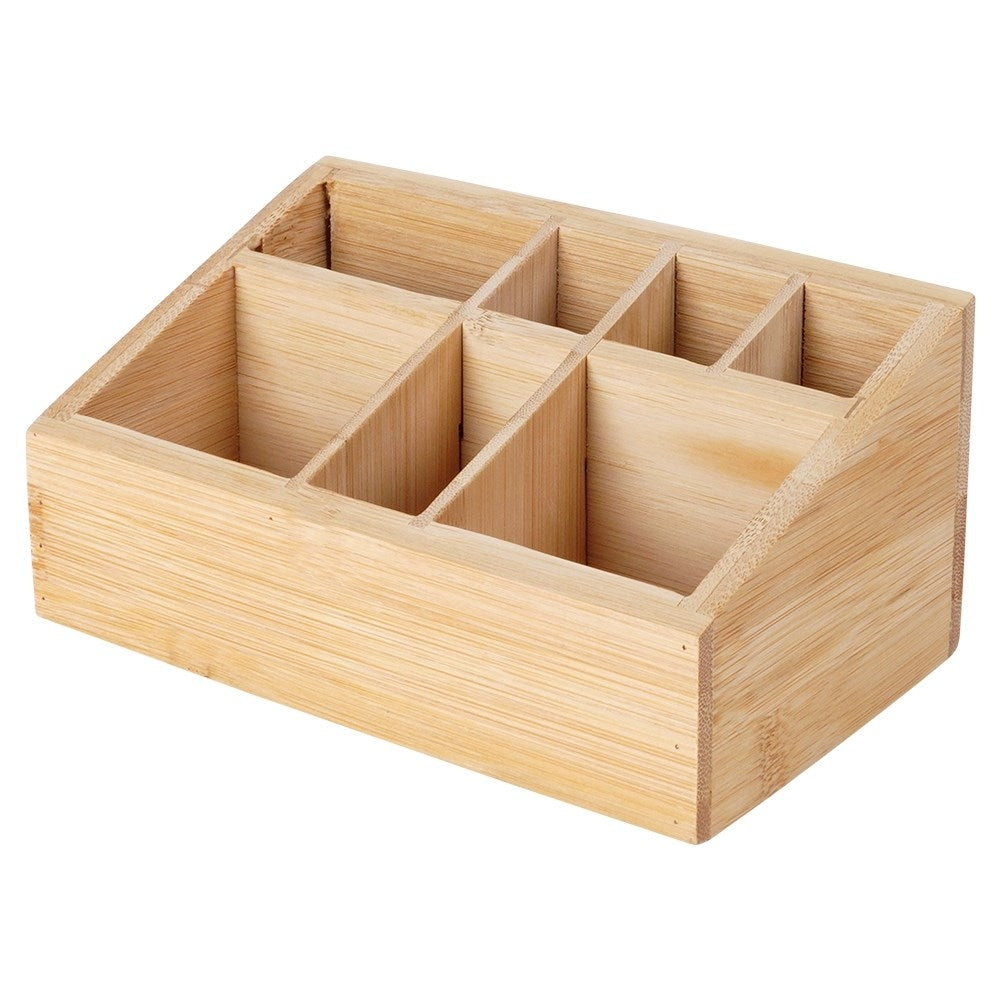 Seven-compartment makeup organizer in stylish bamboo