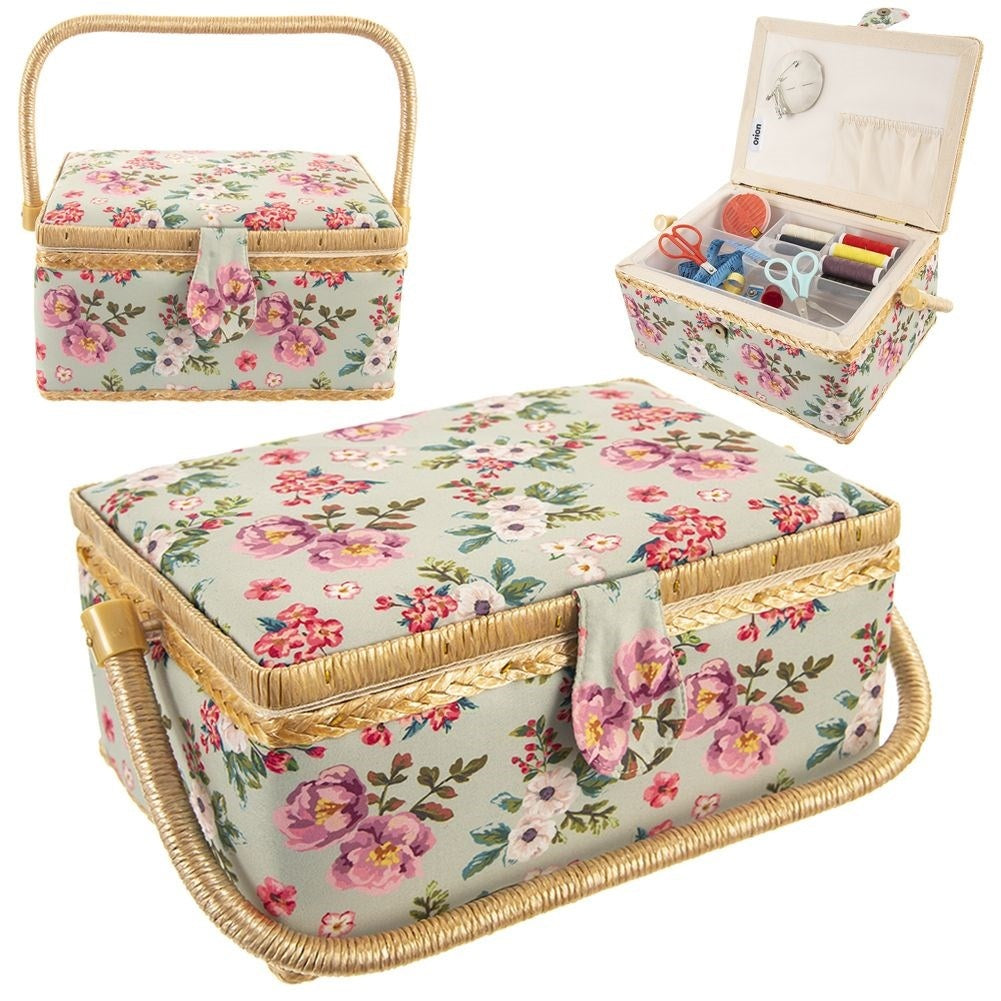 Sewing basket with compartment, floral pattern, storage of sewing accessories.