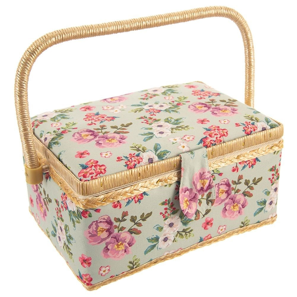 Sewing basket with compartment, floral pattern, storage of sewing accessories.