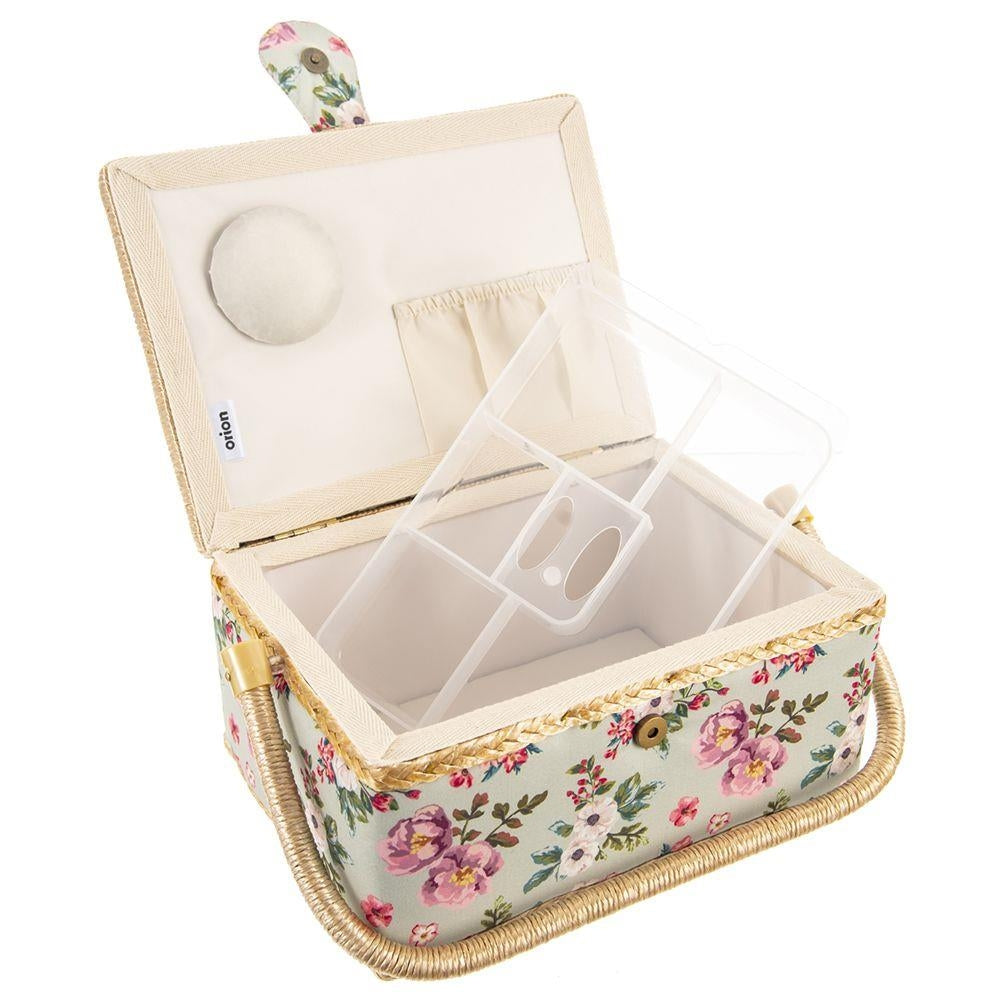 Sewing basket with compartment, floral pattern, storage of sewing accessories.