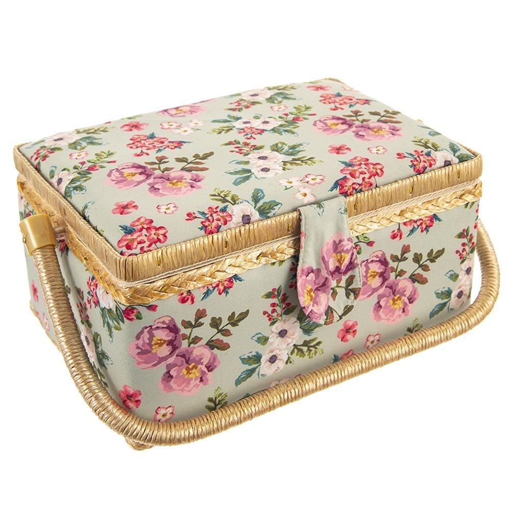 Sewing basket with compartment, floral pattern, storage of sewing accessories.