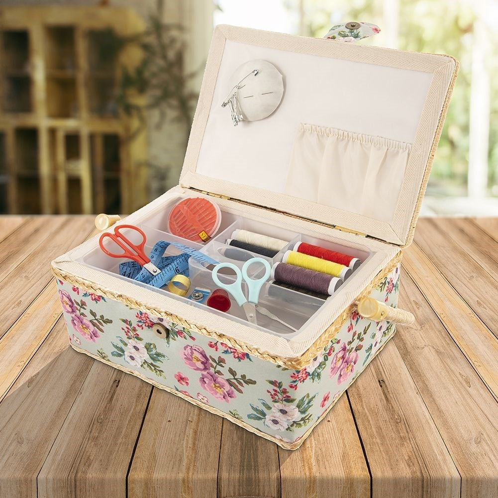 Sewing basket with compartment, floral pattern, storage of sewing accessories.