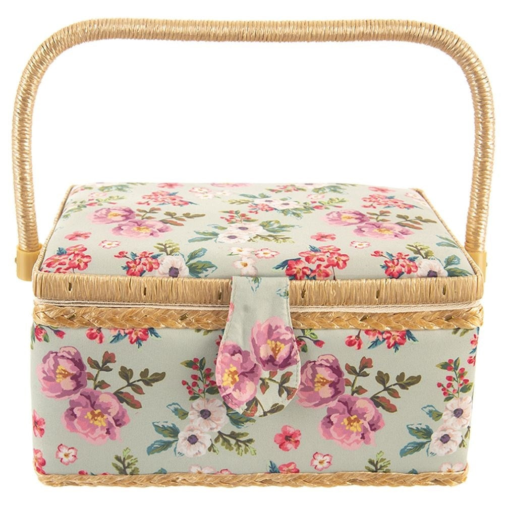 Sewing basket with compartment, floral pattern, storage of sewing accessories.