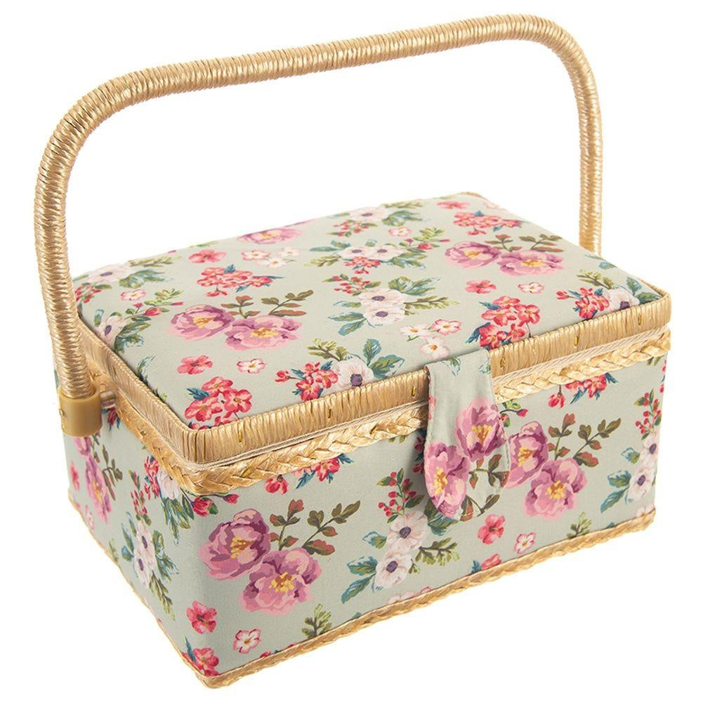 Sewing basket with compartment, floral pattern, storage of sewing accessories.