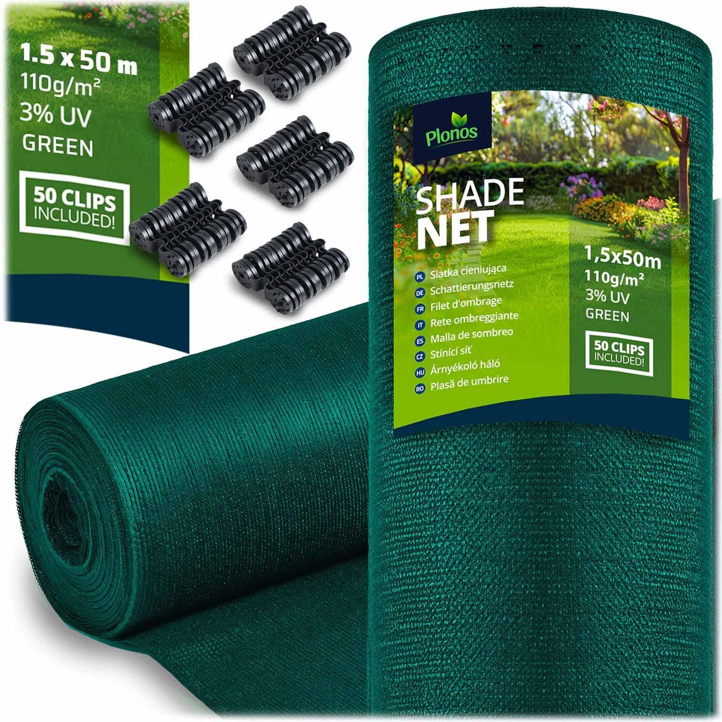 Shade Net 1.5x50m 110 g/m², 50 Clips, Green